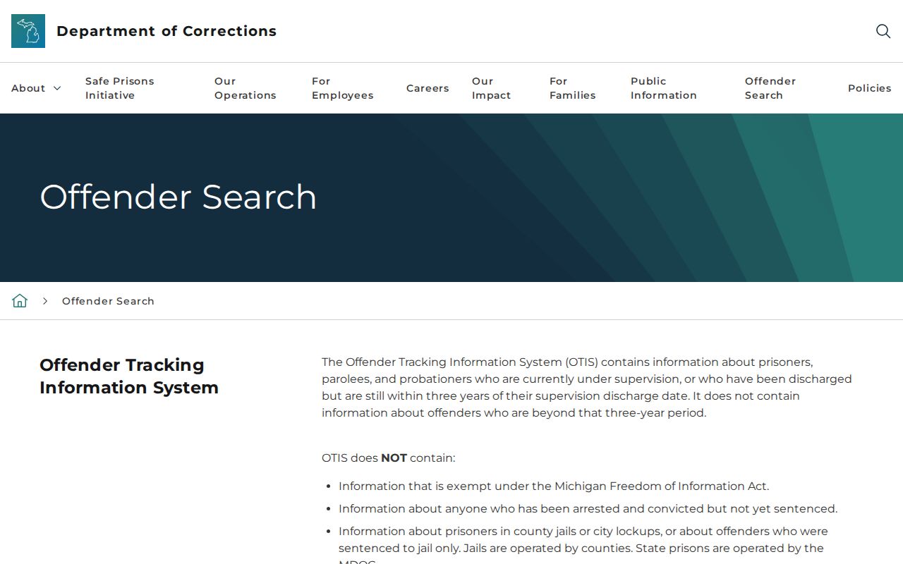 Michigan OTIS search page for Oscoda County released inmate records