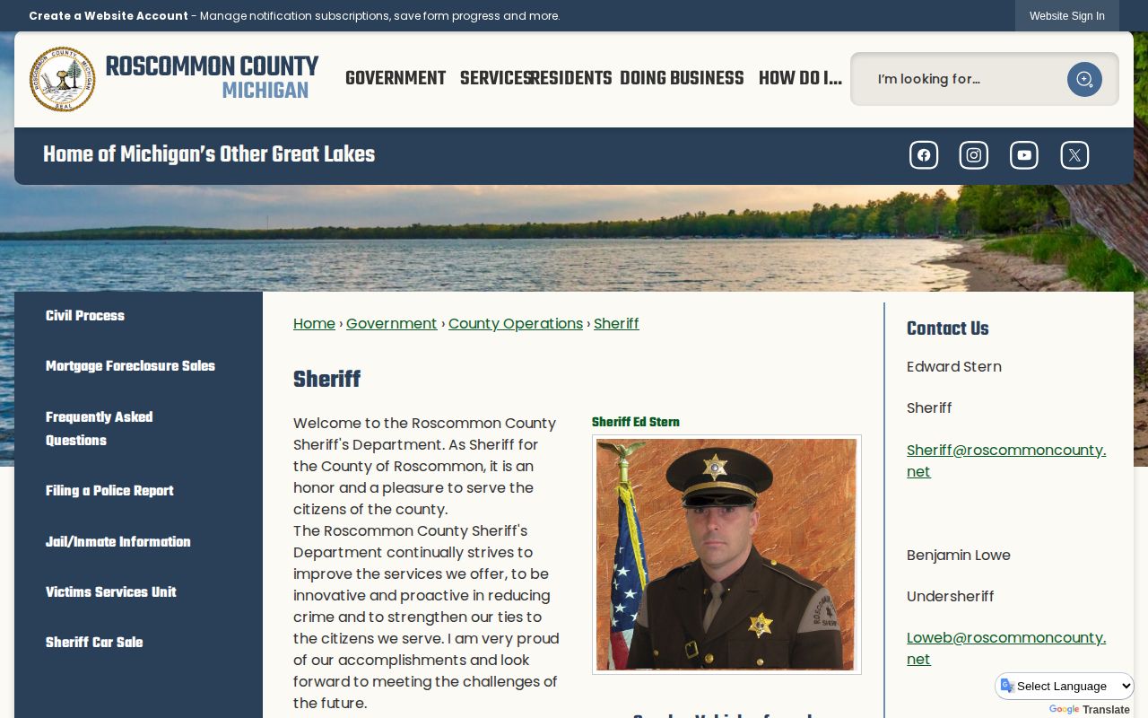 Official Roscommon Sheriff contact page used for Oscoda County 72-hour release checks